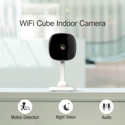 Small wireless CCTV camera for indoor home security with 1080P resolution.